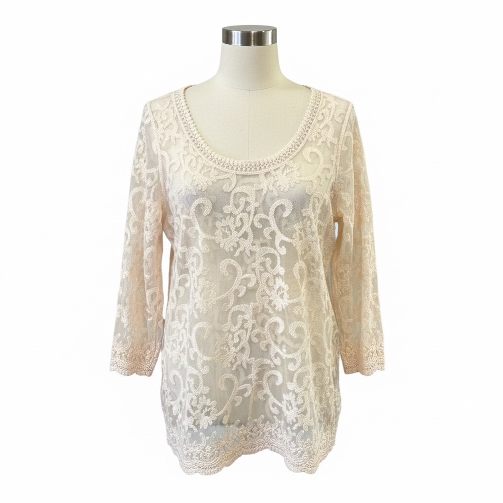 Capri $68 Boho Ivory Floral Lace 3/4 Sleeve Tunic Top P2P 19-21” EUC